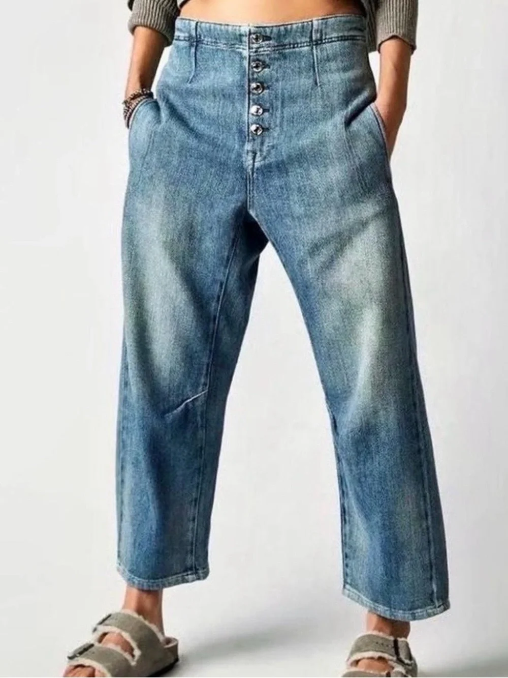 Free People Osaka Light Blue High-Rise Button-Front Boyfriend Jeans